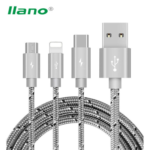 3 in 1 Charge Cable - Micro USB Type C - USB-C and Apple Lightning Charger